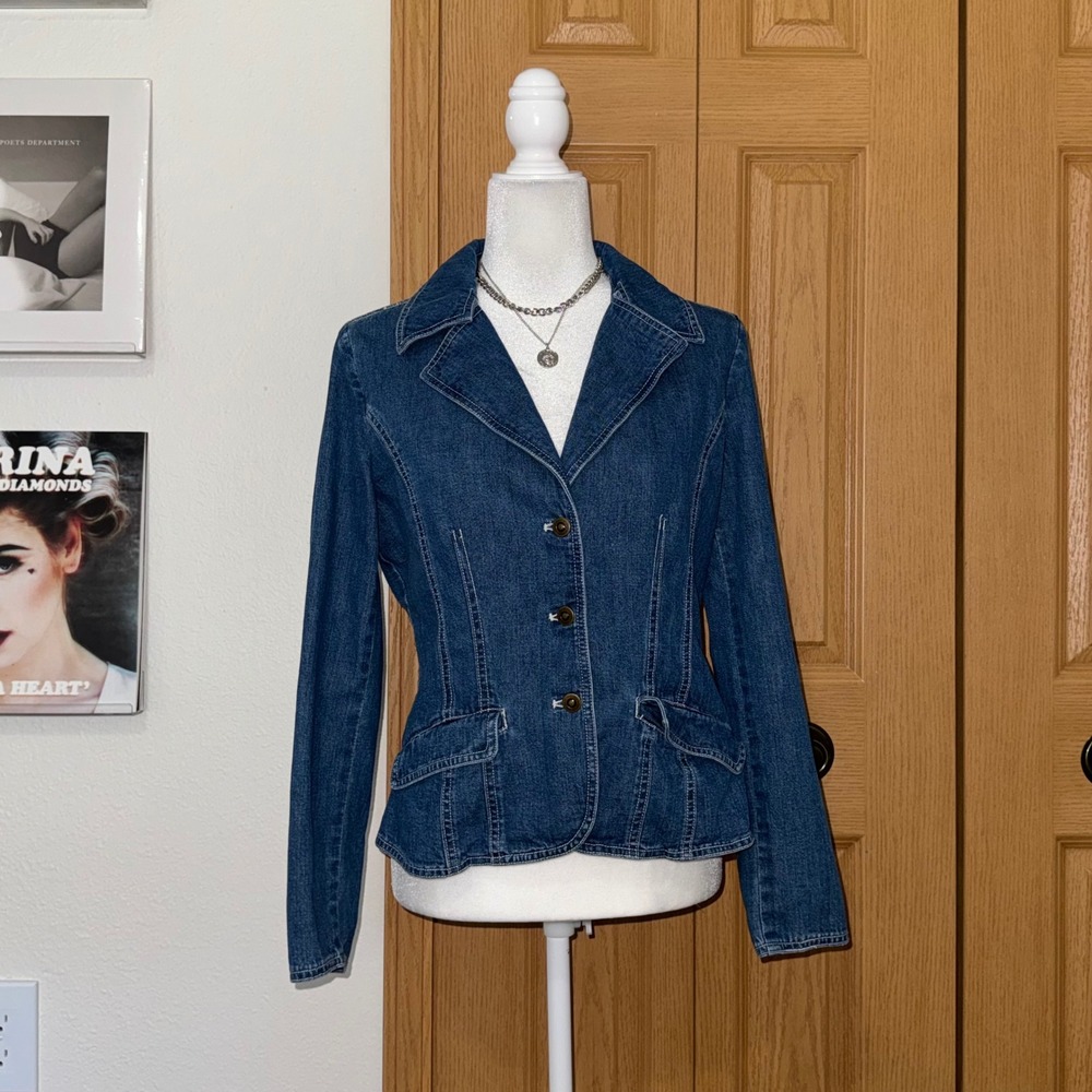 Cambridge Dry Goods Blue Denim Blazer Jacket Medium Wash Cotton Size 6 Casual
